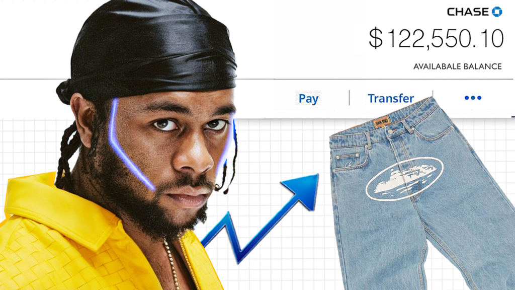 Clint in a thumbnail with corteiz pants. This 99 p pants sold out in minutes because of his role as a community manager for his brand.