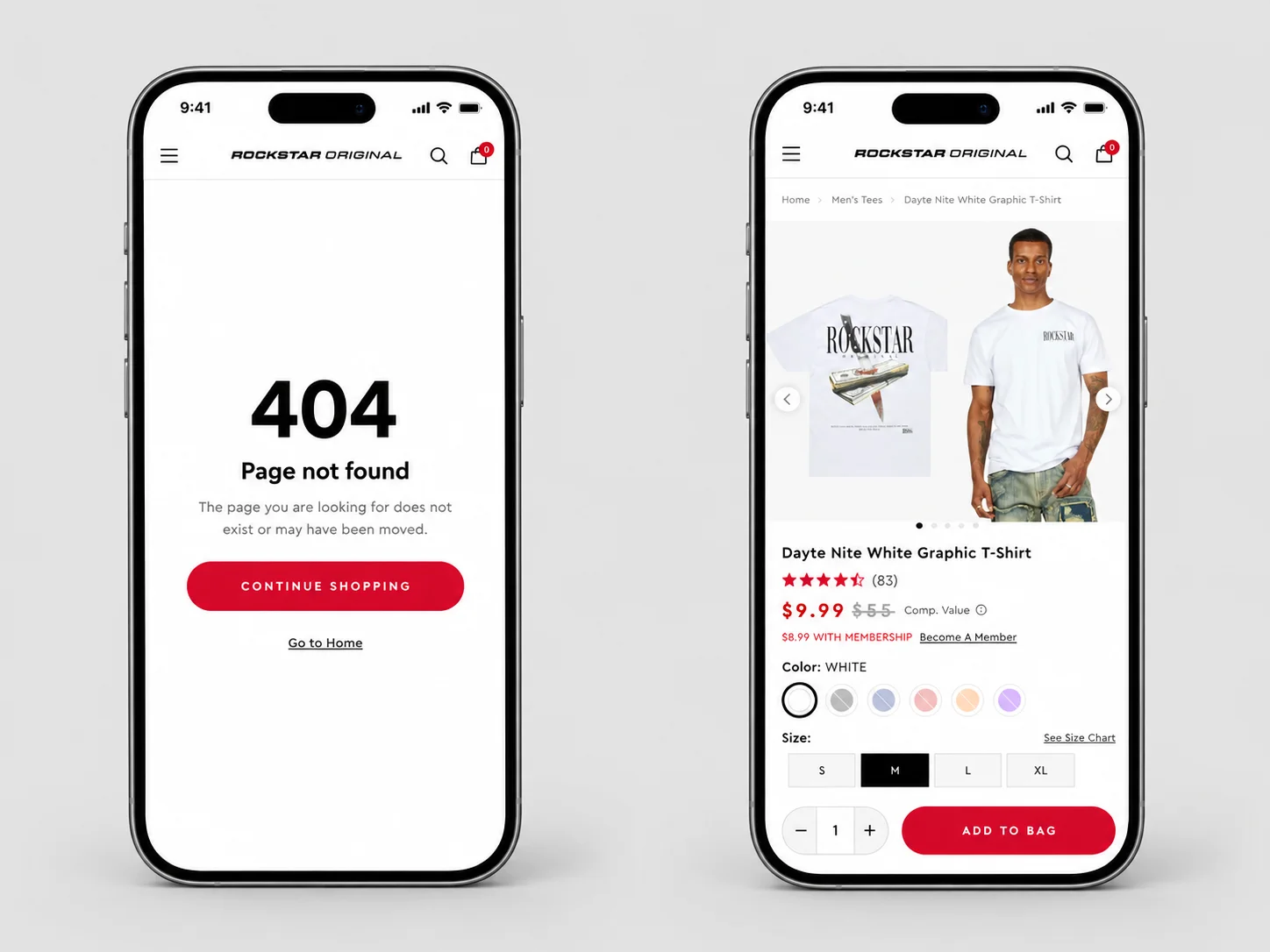Two phone screens one is displaying the 404 page on an iphone the other is displaying a product page. They are showing how a page look when it is broken and when it works to visualize our Ecommerce technical SEO services.