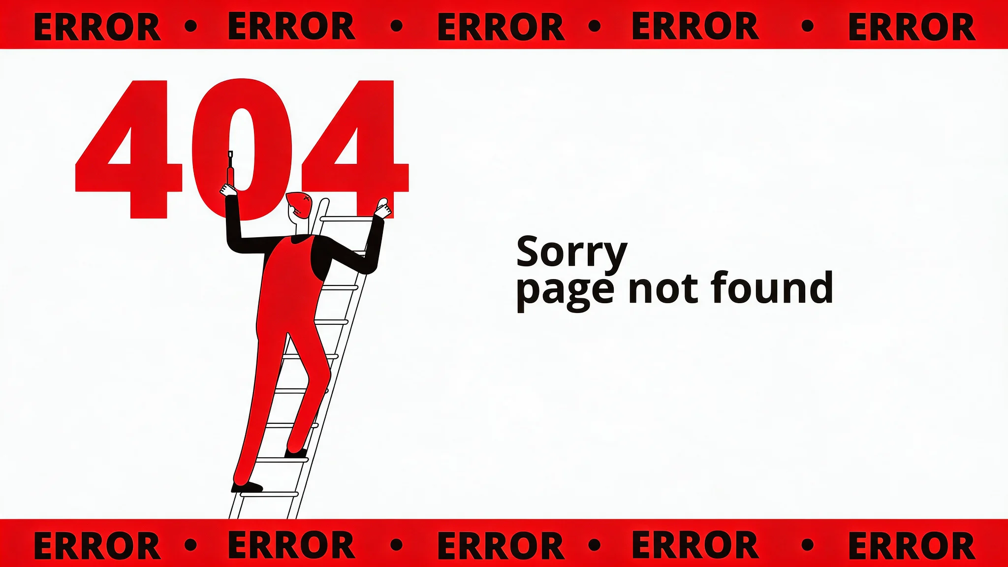 404 Page with text on page saying "sorry not found" with bold black letters saying eror to show how important our ecommerce technical SEO service is.