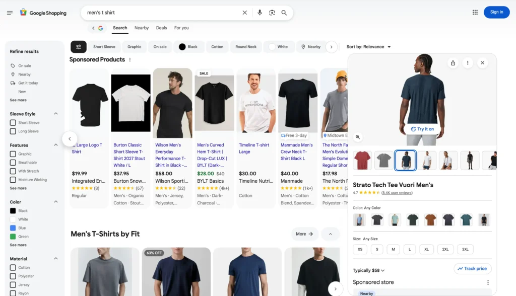 Google shopping search result of mens t shirt page. Shown to pitcure how we approach our