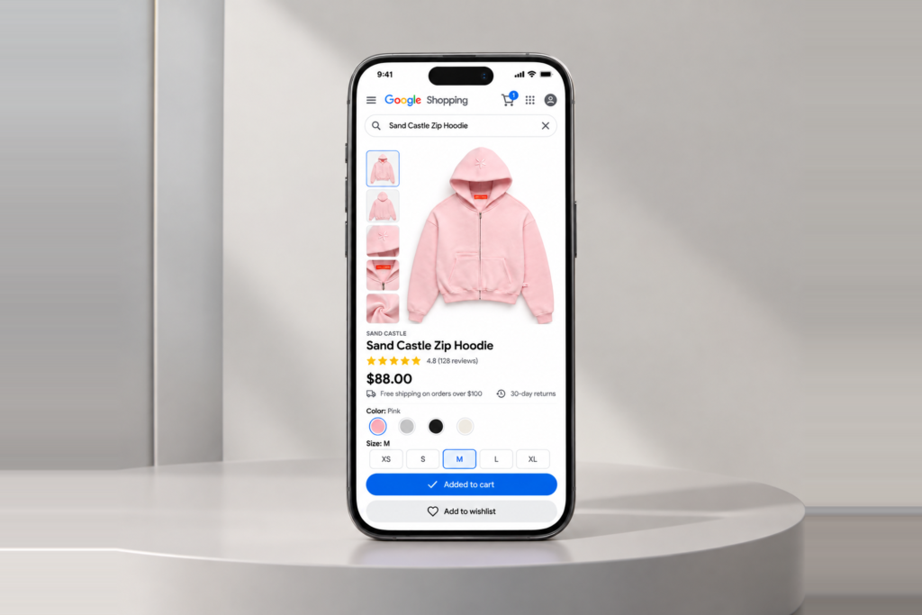 Pink Hoodie result page displayed on Google shopping on an i phone screen. This is to show people how there clothes will look if they work with us on our Clothing Product Discovery Service.