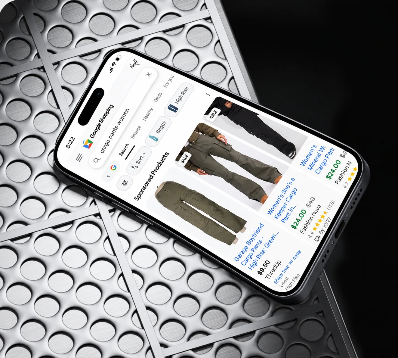iPhone showing google shopping looking for cargo pants. Visual to make people understand our expert on page seo service.