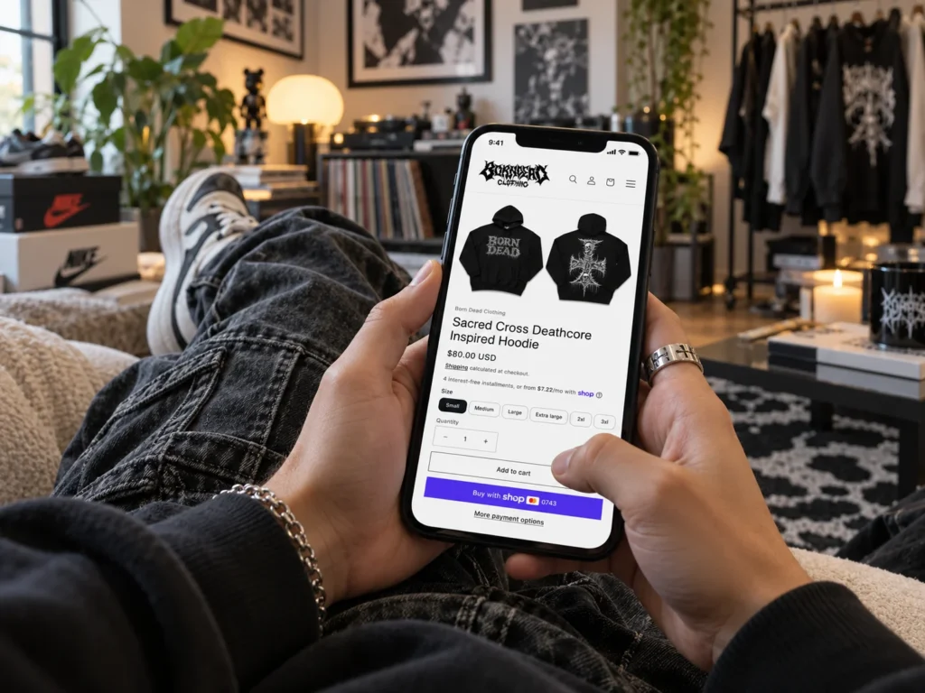 Teenage boy in living room online shopping for hoodies on his i phone. This is to show clothing brand owners how people shop and how we visualize them for our Ecommerce technical SEO services.