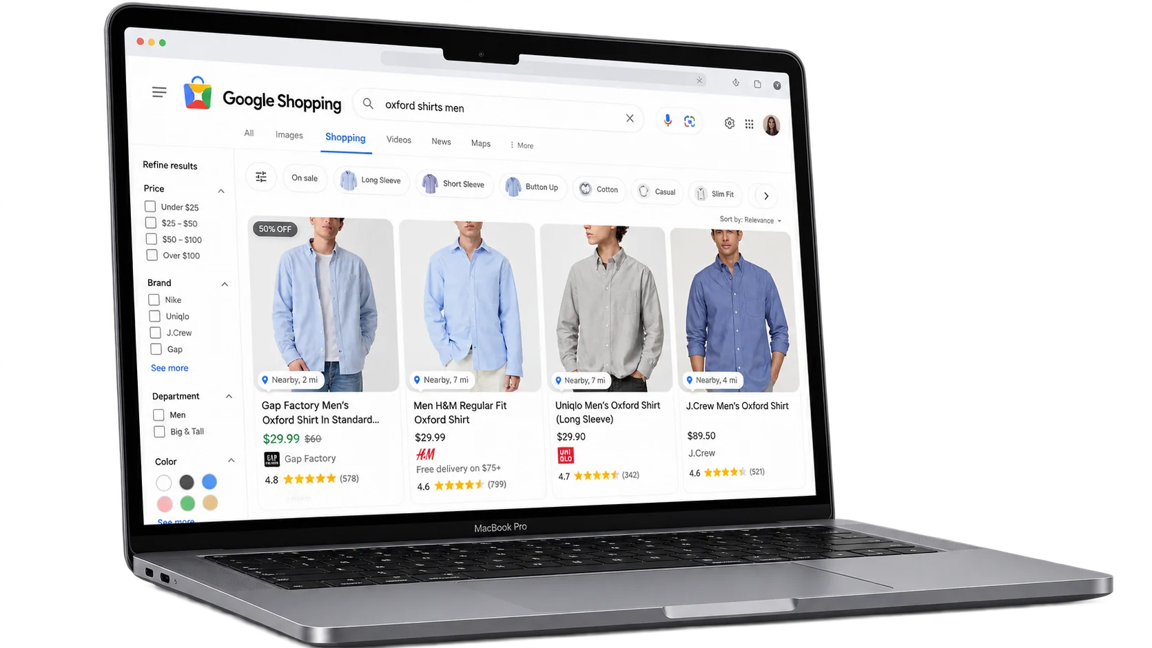 Search Result page of Google Shopping displayed on macbook. It is showing someone searching for oxford shirts for men and this is an example to show how your product would be viewed if you worked with our Clothing Product Discovery Service.