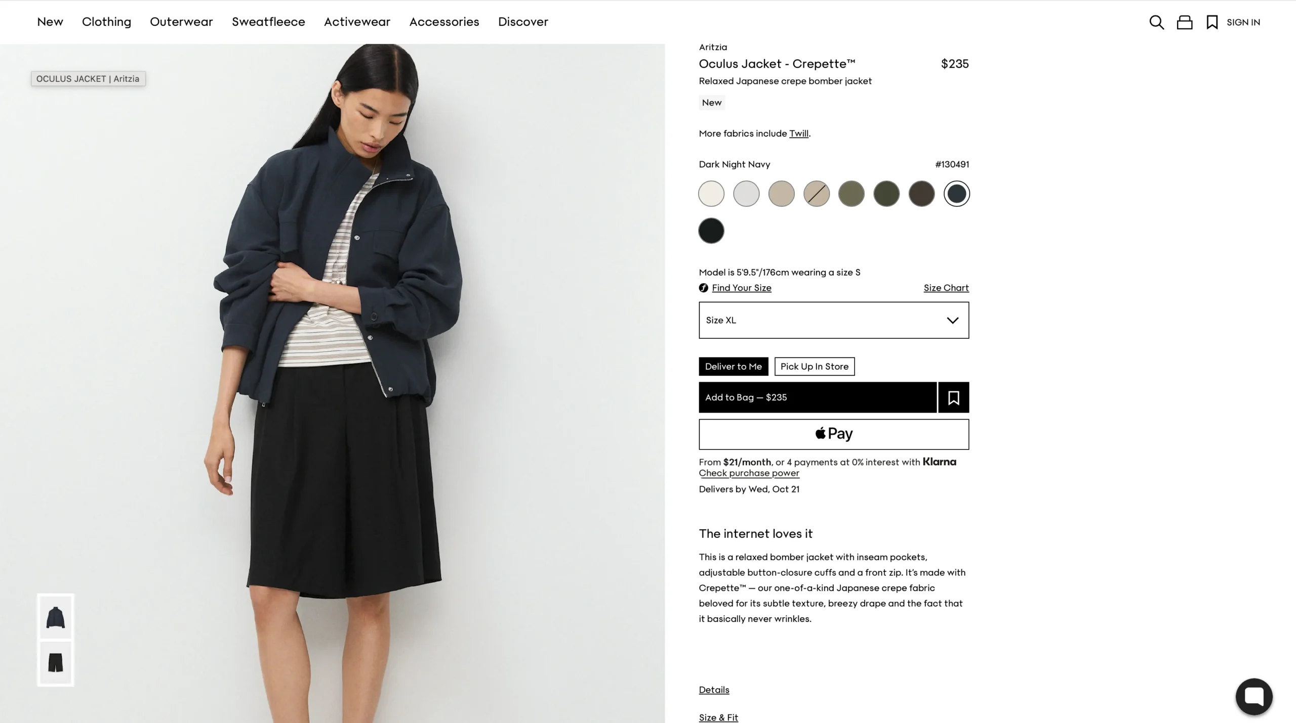 Product page of a dark night navy jacket witht the product details next to it to showcase an example of our Expert On Page Seo.