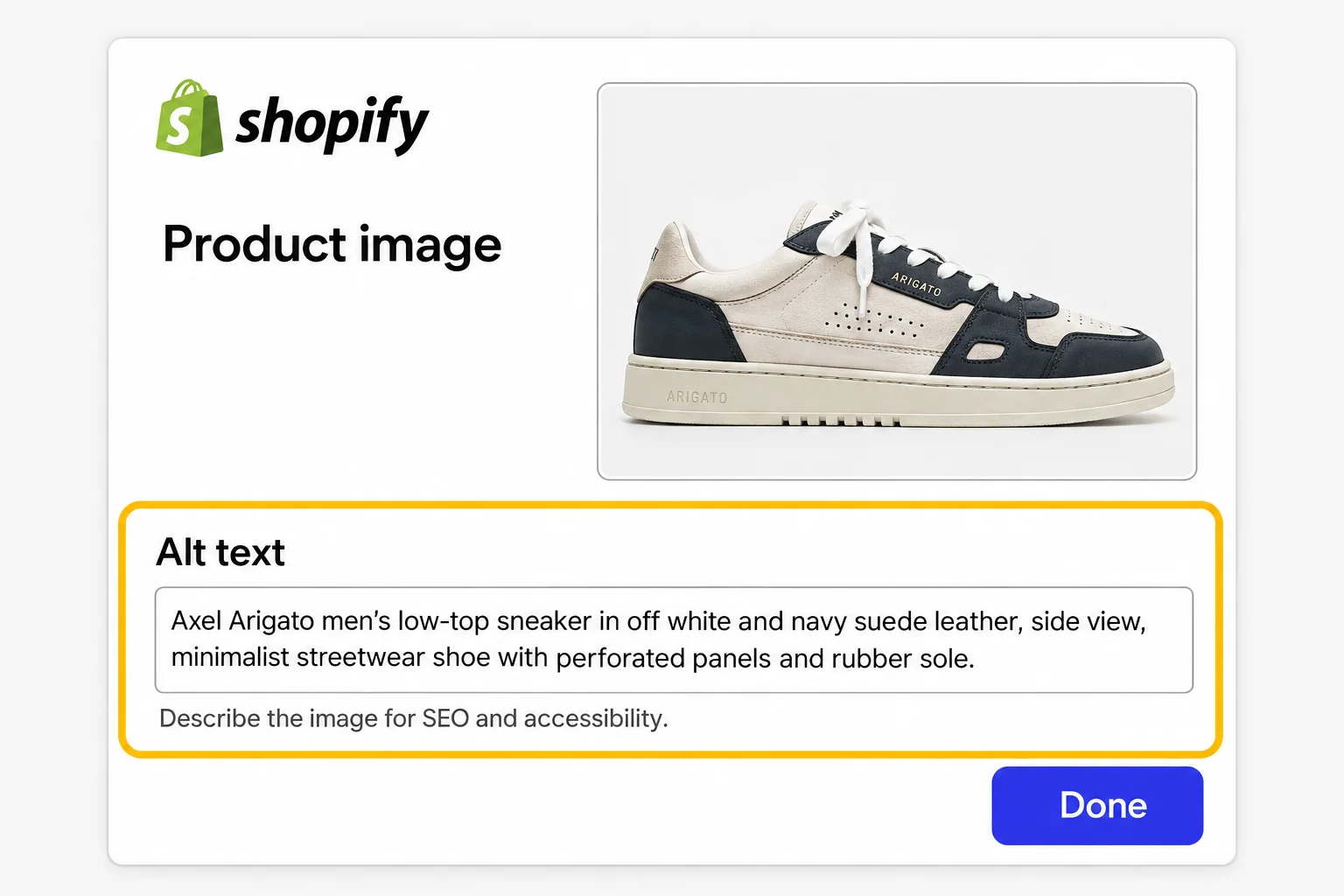 Low cream and navy blue sneakers on shopify prodcut page witht the ALt text highlighted to showcase our Ecommerce Seo Services.