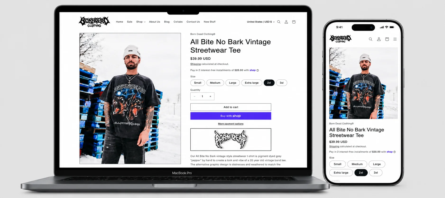 Streetwear t shirt product page displayed on macbook pro and iphone 18 screen. This is to display a preview of our Ecommerce technical SEO services.