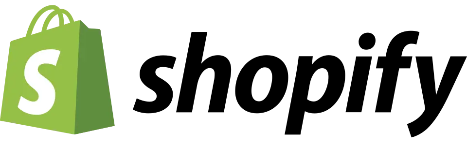 Shopify text with a green bag which is Shopify logo on a transparent background.